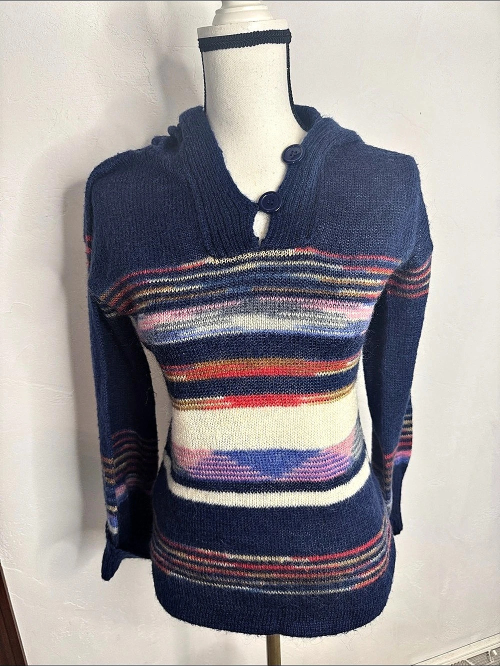 Organically Grown Striped Wool Blend Hooded Sweater in Blue Size Medium